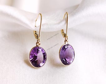 Boucles D'oreilles Créoles En Or Jaune 14K Massif 10,7g Avec Améthyste - Poire Violette - Occasion