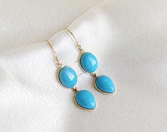 Sleeping Beauty Natural Arizona Turquoise Bezel Earrings, 14K Solid Yellow Gold