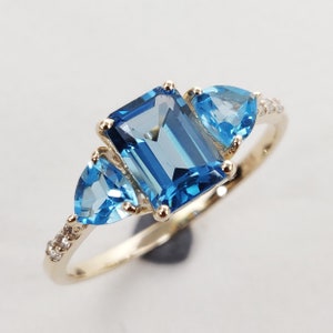 14K Gold Natural London and Swiss Blue Topaz With Diamond Ring, 14K Solid Yellow Gold Ring, December April Birthstone, Dainty Ring