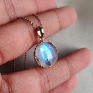 Natural Rainbow Moonstone Pendant, 14K Solid Yellow Gold Moonstone Pendant, Blue Moonstone Jewelry, June Birthstone Pendant, Birthday Gift