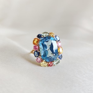 Natural Sky Blue Topaz Multi Sapphire Ring, 14K Yellow Gold Sky Blue Topaz Ring, Engagement Ring, December Birthstone, Blue Topaz Jewelry