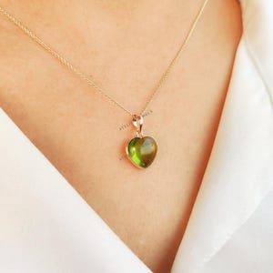 Natural Peridot Heart Pendant, 14K Solid Yellow Gold Pendant, August Birthstone Pendant, Peridot Heart Shape Jewelry, Birthday Present