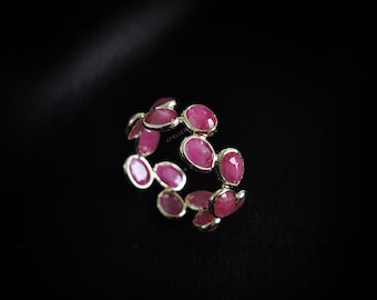 Natural Ruby 14K Solid Yellow Gold Bezel Eternity Ring, July Birthstone