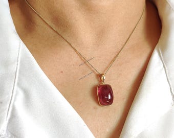 14K Solid Yellow Gold Natural Pink Tourmaline Pendant, October Birthstone