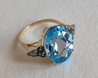 Natural Sky Blue Topaz London Blue Accent Ring, 14K Solid Yellow Gold, December Birthstone