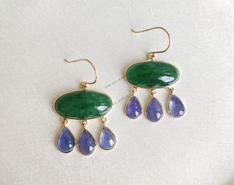 14K Solid Yellow Gold Natural Aventurine Tanzanite Drop Earrings, Handmade Jewelry