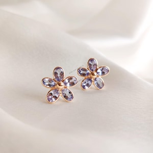 Natural Tanzanite Stud Earrings, 14K Solid Gold Tanzanite Earrings, Dainty Gemstone Flower Studs, December Birthstone, Valentine&#39;s Day Gift