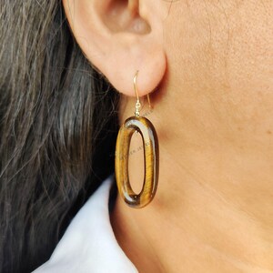 Natural Tiger Eye Earrings, 14K Solid Yellow Gold Tiger Eye Earrings, June Birthstone Earrings, Loop Earrings, Tiger Eye Jewelry