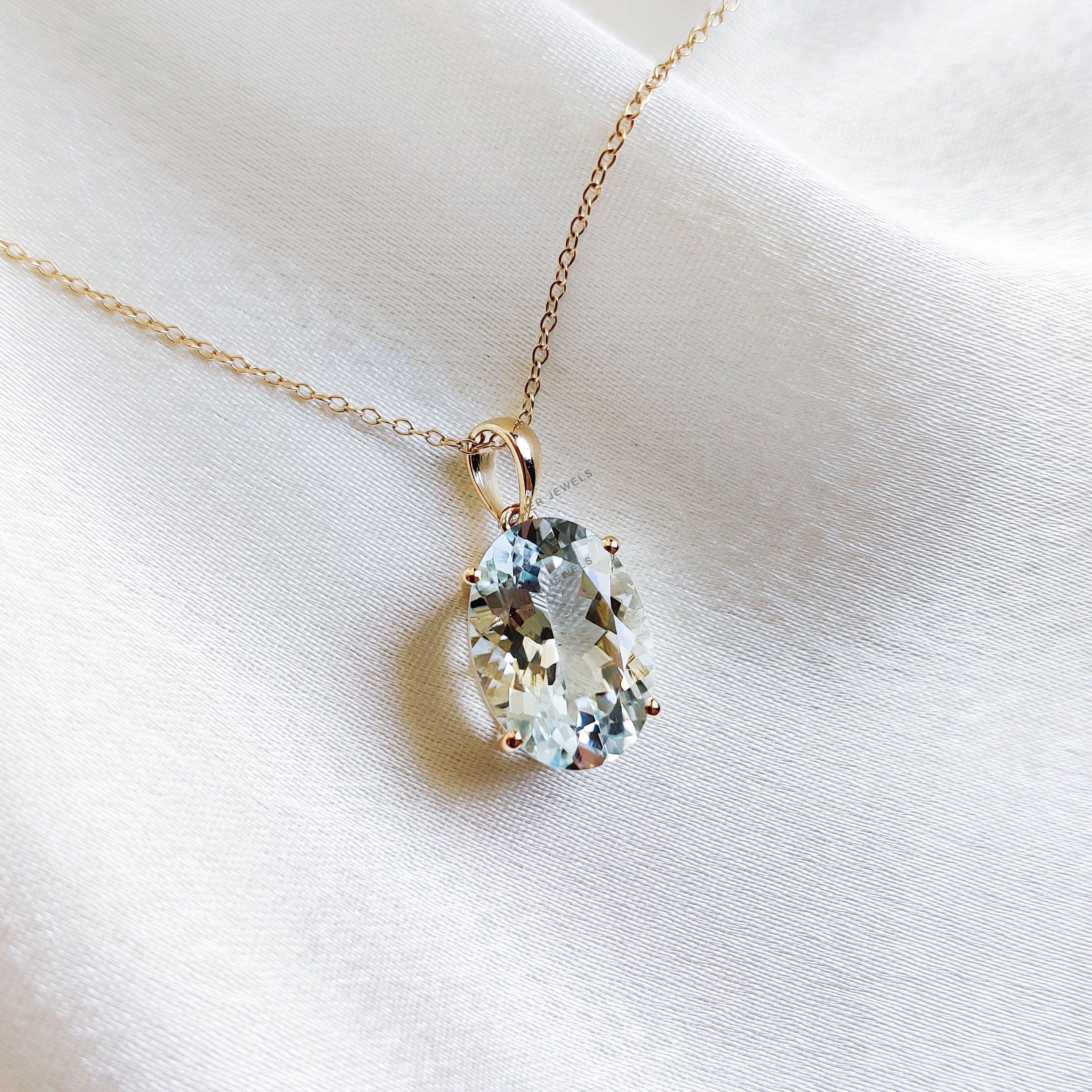 14Kソリッドイエローゴールド天然アクアマリンペンダント - オーバル 3