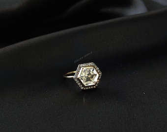 Natural Hexagon White Topaz Ring, 14K Solid Yellow Gold, December Birthstone