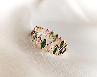 14K Solid Yellow Gold Natural Multi Tourmaline Ring, Infinity Bezel Set Ring