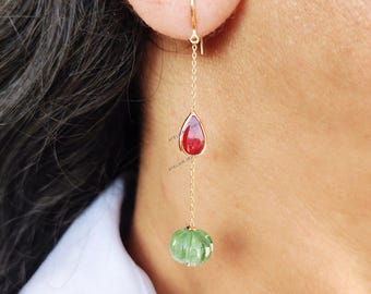 14K Solid Yellow Gold Natural Ruby Green Tourmaline Melon Earrings