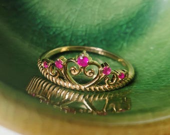 14K Solid Yellow Gold Natural Ruby Crown Ring, July Birthstone