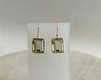 14K Gold Green Amethyst Earrings, Natural Green Amethyst Earrings, 14K Solid Yellow Gold Earrings, Green Amethyst Jewlery, Octagon Earring