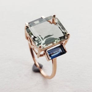 Natural Green Amethyst & London Blue Topaz Ring, 14K Solid Yellow Gold Green Amethyst and Blue Topaz Ring, February December Birthstone Ring
