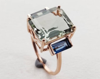 Natural Green Amethyst & London Blue Topaz Ring, 14K Solid Yellow Gold Green Amethyst and Blue Topaz Ring, February December Birthstone Ring