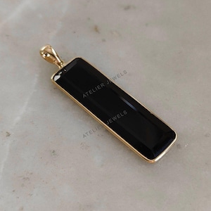 Natural Black Onyx Pendant, 14K Solid Yellow Gold Onyx Pendant, Onyx Bezel Pendant, December Birthstone, Rectangle Pendant Christmas Present