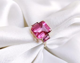 Anello glamour in oro 14 carati con topazio rosa e diamanti