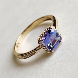 Anillo de diamantes y tanzanita natural, anillo de diamantes y tanzanita en oro amarillo macizo de 14 quilates, piedra natal de diciembre, anillo de diamantes, joyería de tanzanita