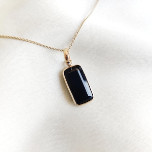 Natural Black Onyx Pendant, 14K Solid Yellow Gold Black Onyx Pendant, December Birthstone Pendant, Black Onyx Jewelry, Valentine&#39;s Day Gift