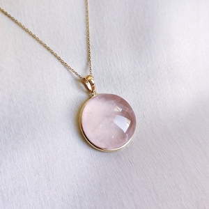 Natural Rose Quartz Pendant, 14K Solid Yellow Gold Rose Quartz Pendant, January Birthstone, Bezel Round Pendant, Rose Quartz Jewelry