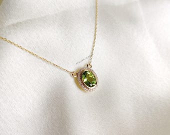 Natural Peridot Diamond Pendant, 14K Solid Yellow Gold, August Birthstone