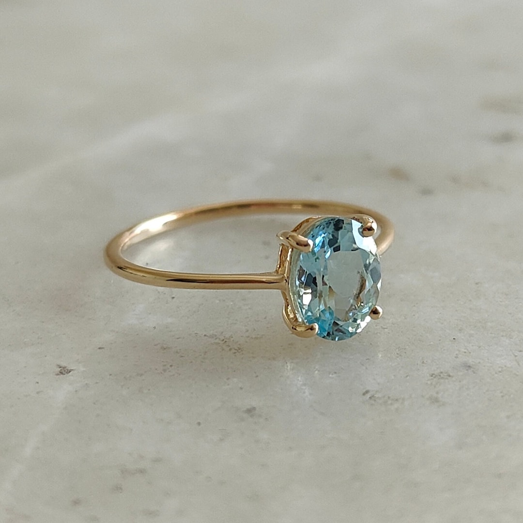 Natural Aquamarine Ring, 14K Solid Yellow Gold Aquamarine Ring, March ...