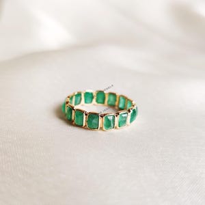 Natural Emerald Baguette Eternity Ring, 14K Solid Yellow Gold, May Birthstone