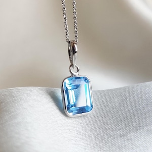 Natural Swiss Blue Topaz Pendant, 14K Solid White Gold Blue Topaz Pendant, December Birthstone Pendant, Emerald Cut Pendant, Christmas Gift