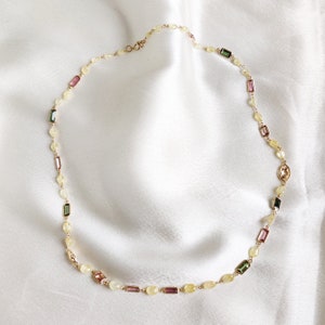 Natural Tourmaline & Yellow Sapphire Necklace, Solid Gold Chain Link Necklace, October Birthstone, Dainty Tourmaline Necklace,Sapphire Beads