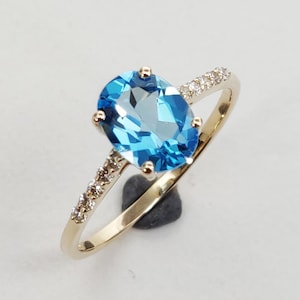 Natural Swiss Blue Topaz & Diamond Ring, 14K Solid Yellow Gold Ring, November Birthstone Ring, Dainty Blue Topaz Jewelry, Engagement Ring
