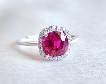 Natural Rubellite Tourmaline & Diamond Halo Ring, 14K Solid White Gold, October Birthstone