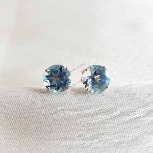 Natural Swiss Blue Topaz Earrings, 14K Solid Yellow Gold Swiss Blue Topaz Stud Earrings, December Birthstone, Prong Stud Earrings
