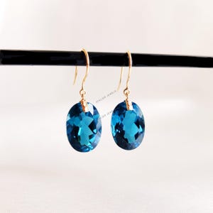 Natural London Blue Topaz Earrings, Solid Gold Blue Topaz Earrings, Blue Topaz Oval Drop Earrings, December Birthstone, Anniversary Present