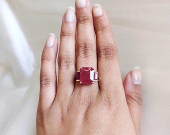 14K Solid Yellow Gold Natural Ruby Statement Ring, July Birthstone