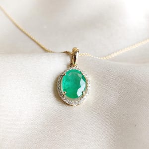 Natural Emerald & Diamond Pendant, 14K Solid Yellow Gold Pendant, May Birthstone, Prong Pendant, Christmas Present, Emerald Diamond Jewelry