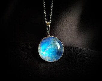 Natural Rainbow Moonstone Pendant, 14K Solid White Gold, June Birthstone