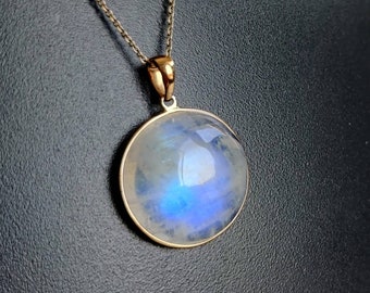 Natural Rainbow Moonstone Pendant, 14K Solid Gold Blue Moonstone Pendant, Yellow Gold Pendant Necklace, June Birthstone, Christmas Gift