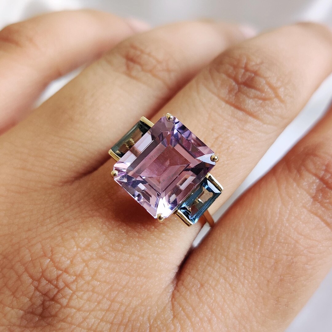 天然ピンクアメジスト＆ロンドンブルートパーズリング、14Kソリッド