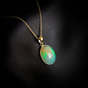 Natural Ethiopian White Opal Pendant, 14K Solid Yellow Gold Opal Pendant, October Birthstone Pendant, Christmas Present, Opal Jewelry