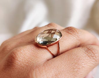 Oval Natural Green Amethyst Ring, 14k Solid Rose Gold, February Birthstone