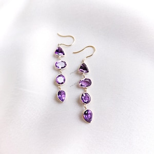Natural Purple Amethyst Earrings, 14K Solid Yellow Gold Earrings, February Birthstone, Dainty Amethyst Earrings, Gemstone Drop Earrings