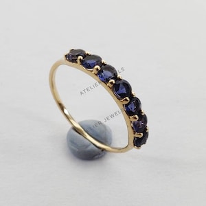 Natural Iolite Half Eternity Ring, 14K Solid Yellow Gold Ring, Iolite Engagement Ring, September Birthstone, Eternity Band, Iolite Jewelry