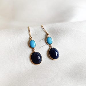 Natural Blue Sapphire & Turquoise Earrings, 14K Solid Yellow Gold Earrings, Sep Dec Birthstone, Christmas Gift, Sapphire Turquoise Jewelry