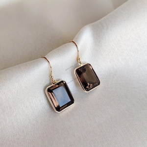 Natural Smoky Quartz Earrings, 14K Solid Yellow Gold Smoky Quartz Earrings, Smoky Quartz Jewelry, Octagon Drop Earring, June Birthstone
