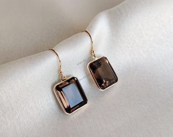 14K Solid Yellow Gold Natural Smoky Quartz Earrings, Octagon Dangle Earrings