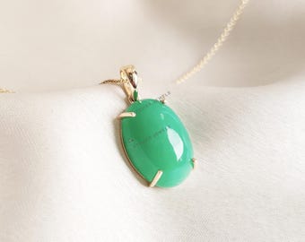 14K Solid Yellow Gold Natural Chrysoprase Pendant, Oval Cabochon, May Birthstone