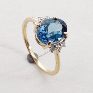 14K Gold Natural London Blue Topaz Diamond Ring, 14K Solid Yellow Gold Ring, December Birthstone, Dainty Rings, Blue Topaz Diamond Jewelry