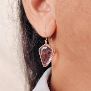 Natural Pink Tourmaline Earring, 14K Solid Yellow Gold Tourmaline Earrings, October Birthstone Earrings, Bezel Earrings, Christmas Present