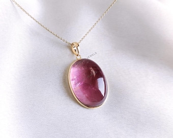 Natural Rubellite Pink Tourmaline Bezel Pendant, 14K Solid Yellow Gold, October Birthstone
